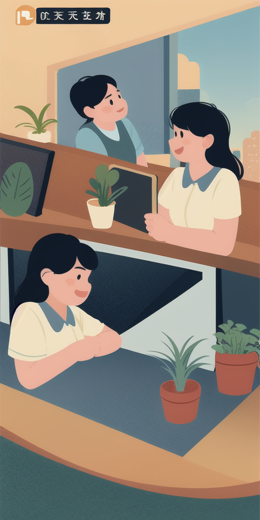 01172-4209690467-Girl's first day at work, office, male and female colleagues, potted plants, company logo,_.png